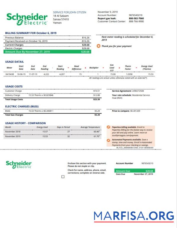 Printable Yemen Schneider Electric utility bill template in Word and PDF format